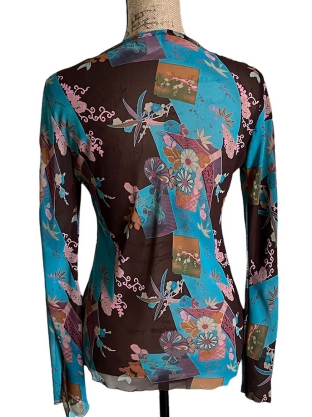 KLD Signature Patchwork Mesh Blouse Open Shoulder Tie Neck Small - Picture 4 of 16